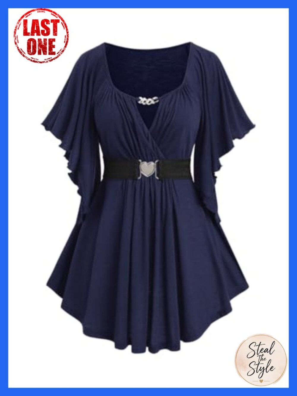 Plus Size Chain Panel Belted Surplice Top Butterfly Sleeve